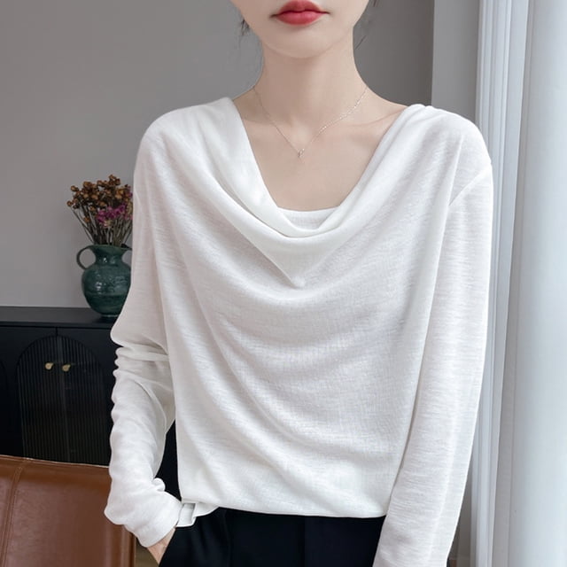 Roncen Haut à Manches Longues à Col Bénitier pour Femme, Blouse de Base Unie Drapée, Essentiel Extensible pour Superposition