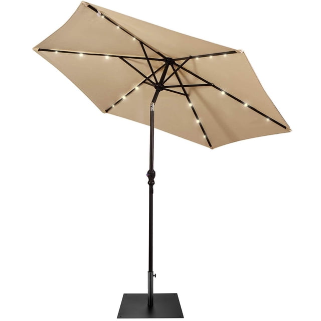 Gymax Parasol de Marché pour Table de Patio de 9 Pi avec 18 Lumières DEL Solaires et Base Robuste Beige