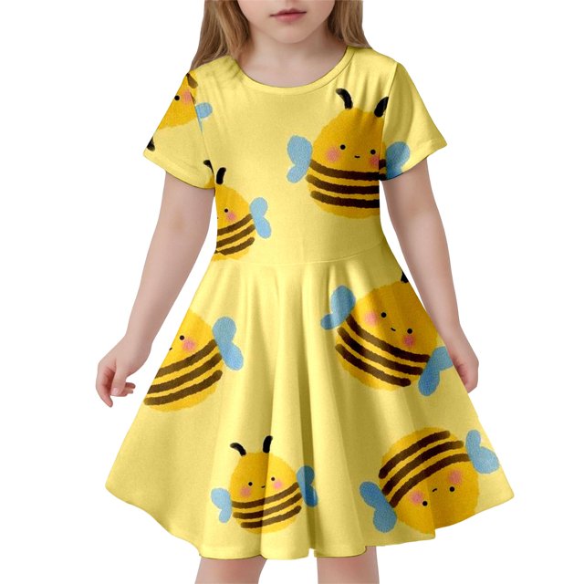 Robe Décontractée à Manches Courtes pour Fille, Jaune, à Fleurs, Mignonne, Imprimée