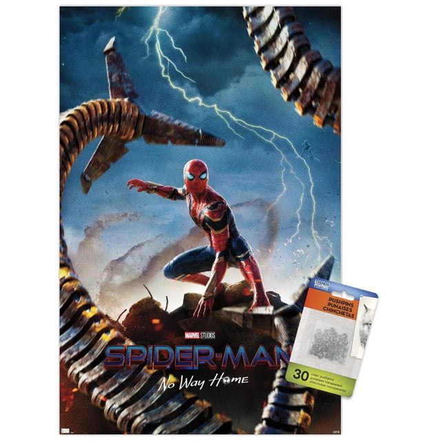 Marvel Spider-Man: No Way Home - Teaser Wall Poster, 22.375" x 34", showing Spider-Man in red and blue suit crouching on rocky terrain with mechanical tentacles and lightning in a stormy sky, printed on glossy paper with included clear pushpins for easy, damage-free hanging.