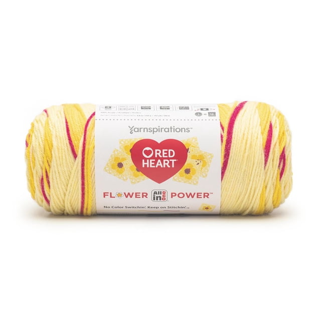 Red Heart® All In One Flower Power™ #4 Worsted (Medium) Acrylic Yarn skein in yellow, cream, and pink engineered stripes, 417 yards per 8.8oz, designed for crocheting continuous floral motifs with fewer ends to weave in, ideal for fashion, accessories, and home décor.