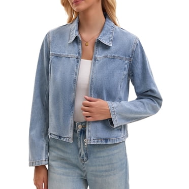 INSPIRE CHIC Women's Cropped Zip Up Denim Jacket Long Sleeve Motorcycle Bomber Style Coat 2XL Light Blue