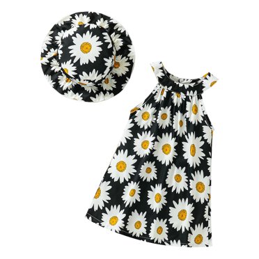 TJAZFJPA Tenues pour Bébé Couleur Neutre Robe de Plage de Vacances pour Filles Fleurs Imprimé Complet Sans Manches Col Rond Robe à Boutons Chapeau de Soleil Tenues pour Bébé Fille Vêtements d'Automne pour Nouveau-Né