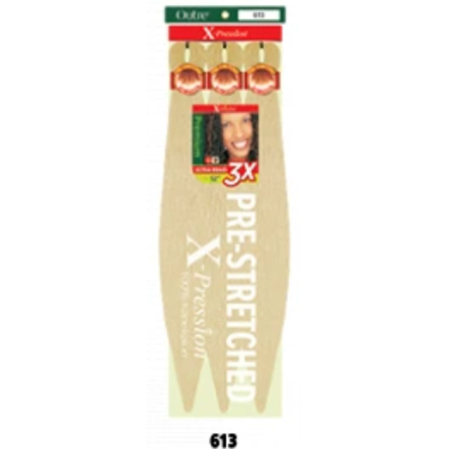 OUTRE X-Pression Pre-Stretched Braid 3X 52-inch synthetic braiding hair extensions in a long, pre-stretched, kinky straight style. Packaged with branding and product details visible, showcasing flame-retardant and hot-water setting features. Color shown includes 1B and Burgundy.