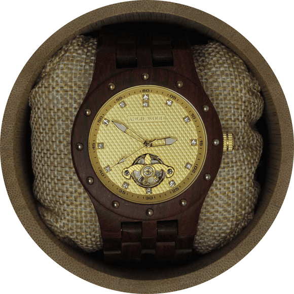 Angie Wood Creations Montre pour Homme à Remontage Automatique en Bois de Rose avec Cadran Doré