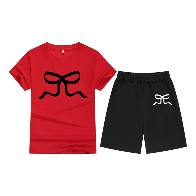 Ediodpoh Ensemble de Vêtements pour Enfants T-Shirt à Manches Courtes pour Enfants à Imprimé Nœud Couleur Bonbon Confortable T-Shirt à Col Rond pour Filles Rouge 8-9 Ans