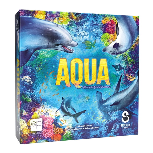 USAopoly Boîte de Jeu de Société AQUA avec Illustration Océanique Vibrante Mettant en Vedette des Dauphins, des Requins, une Tortue de Mer et des Récifs Coralliens Colorés Autour du Titre AQUA Jaune Audacieux, Conçue pour 1 à 4 Joueurs et Mettant en Valeur la Biodiversité marine et le Jeu en Famille.