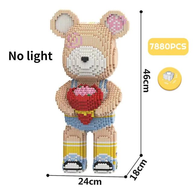 Giant Fluid Violence Bear Cartoon Love Violent Bear Bearbrick Colour Model Building Block Micro Diamond Bricks Kids Toy Gift Set. A creative construction toy featuring a bear holding a bouquet, built with 7880 micro diamond bricks. Dimensions are 46cm tall, 24cm wide, and 18cm deep. Made from environment-friendly materials, packaged in a sealed bag with instructions included.