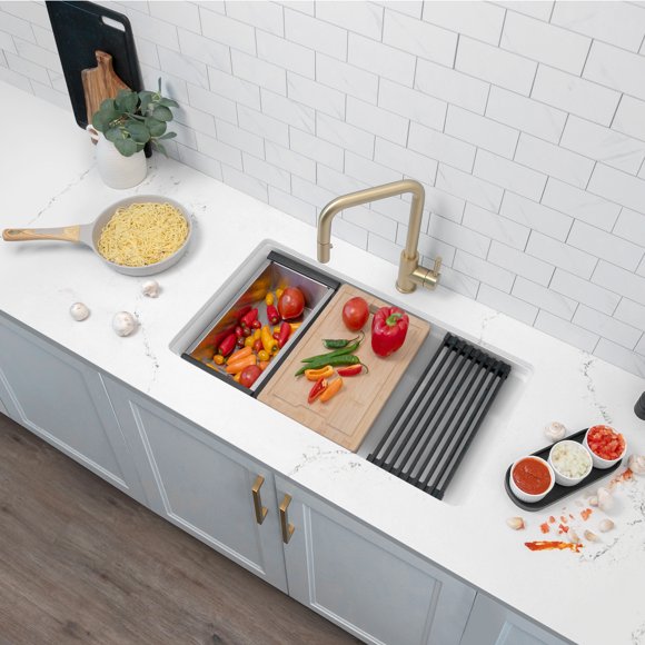Stylish Dual Mount 32" White Composite Granite Single Bowl Kitchen Sink with 4 accs S-832WH