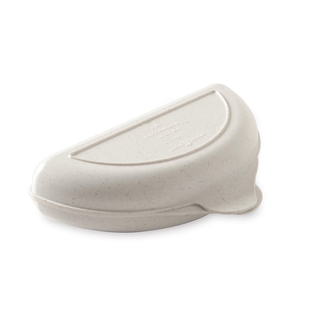Nordicware Microwave Omelette Pan centered front view, white 5.6" x 5.6" x 2.2" nonstick microwave cooker with smooth interior and low rim; compact for RV, dorm or office kitchens, holds 2–4 eggs with room for fillings like ham, peppers or cheese and often used to steam small portions of vegetables.