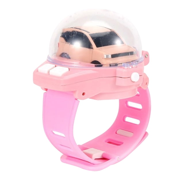 PVCS Mini Remote Control Watch Car Toy with a pink adjustable silicone strap and a transparent dome protecting a small pink RC car. Features include remote control buttons, a dust-proof cover, and USB charging compatibility. Ideal as an interactive toy and birthday gift for kids.