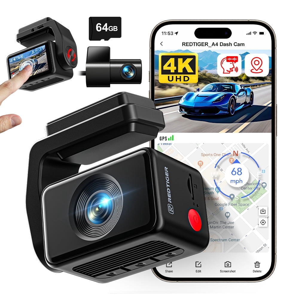 REDTIGER A4 Dash Cam, Dash Cam Front and Rear with WiFi & GPS, 2160P UHD 2.2inch Touch Screen 4K DashCam with Night Vision, G-Sensor, Voice Control, Free 64GB