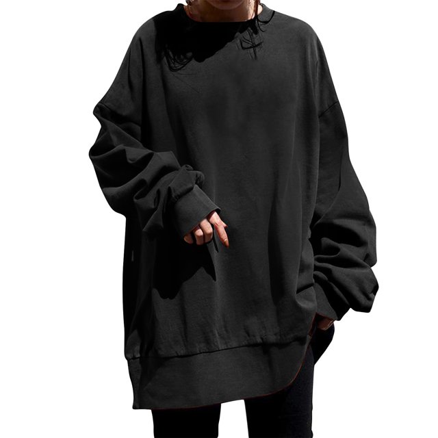 Timegard Sweatshirts for Women Plus Size Crewneck Pullover Drop Shoulder Long Sleeve Oversized Tops in a solid black colour. The sweatshirt features a relaxed fit with drop shoulders, long sleeves, and a crewneck design. Made from soft and breathable fabric, it is suitable for layering and can be paired with jeans, leggings, or slacks for a casual look. Shown in size 3X-Large with a bust measurement of 140cm (55.12 inches) and a length of 90cm (35.43 inches).