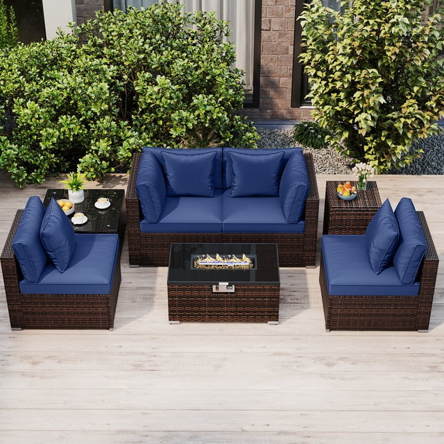 Costway 7 PCS Patio Furniture Set 40,000 BTU Gas Fire Pit Table Propane Tank Cover Table Mix Brown + Navy