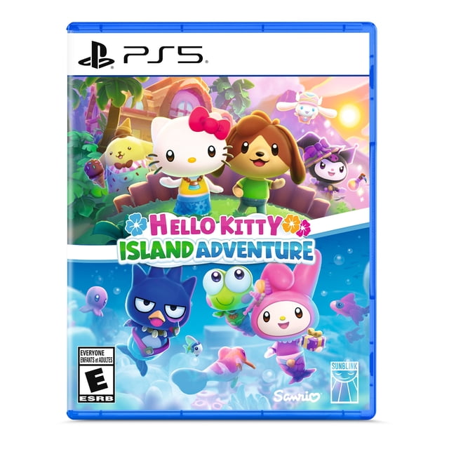 Hello Kitty Island Adventure (PlayStation 5) colorful game cover showing Hello Kitty and friends across island biomes; highlights My Melody, Kuromi, Keroppi and Badtz-maru and signals avatar customization, furniture decorating, quests and multiplayer island play, often used for family co-op sessions.
