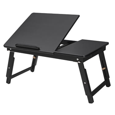 SONGMICS Laptop Desk for Bed or Sofa with Tilting Top, Breakfast Serving Tray with Folding Legs, Fits up to 15.6 Inches Screen, (24-26.9) x 13.7 x (8.8-12.6) Inches, Ink Black