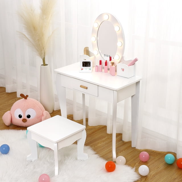 Girls' Vanity Table and Chair Set, Kids Makeup Dressing Table with Lights & Wood Makeup Playset