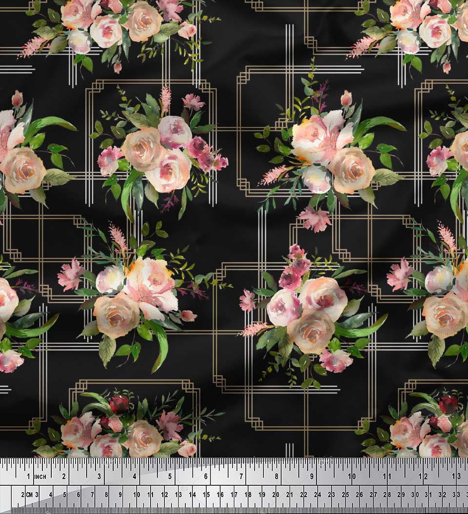 Soimoi Voile de Coton Noir Tissu Imprimé Floral Feuilles et Roses au Mètre 56 Pouces de Large