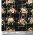 thumbnail image 1 of Soimoi Tissu Georgette Poly Noir Feuilles et Imprimé Floral de Roses au Mètre, 42 Pouces de Large, 1 of 3