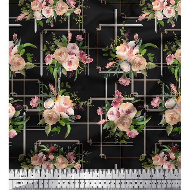 Soimoi Tissu Georgette Poly Noir Feuilles et Imprimé Floral de Roses au Mètre, 42 Pouces de Large
