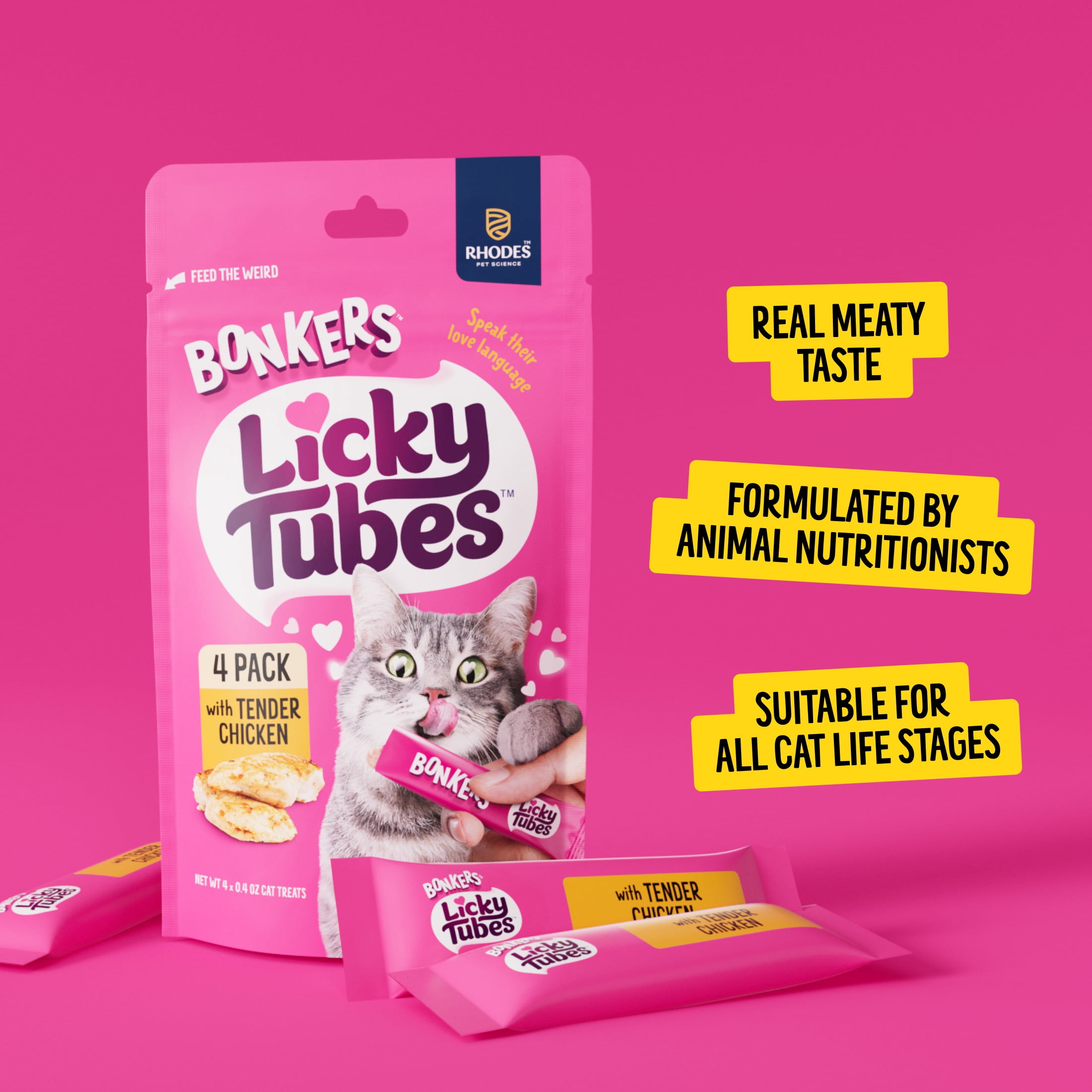 BONKERS Tubes à Lécher Saveur de Poulet Gâteries Humides Léchables pour Chats Lot de 4