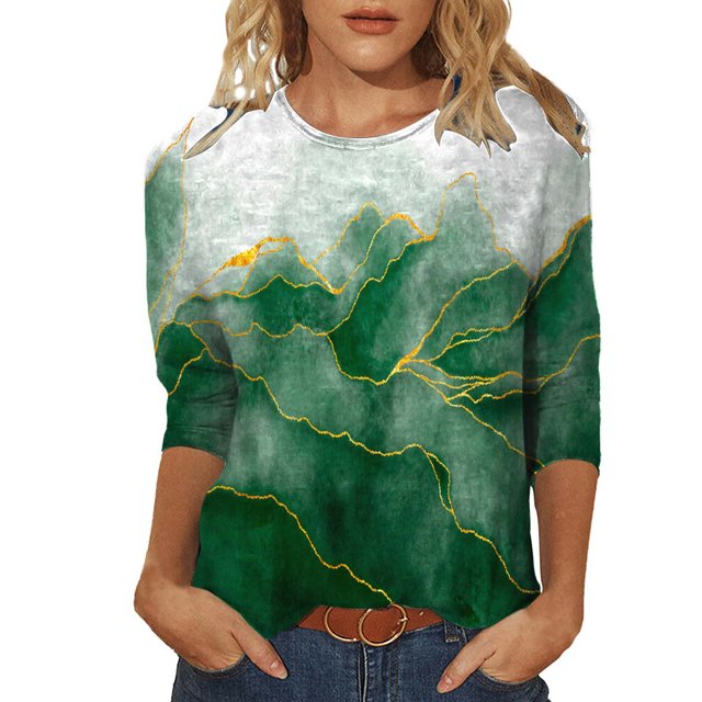 IROINNID Économies Polyester T-shirt à Manches Longues pour Femmes T-shirt Imprimé de Loisirs Blouse Mi-Longue Col Rond Hauts, Vert
