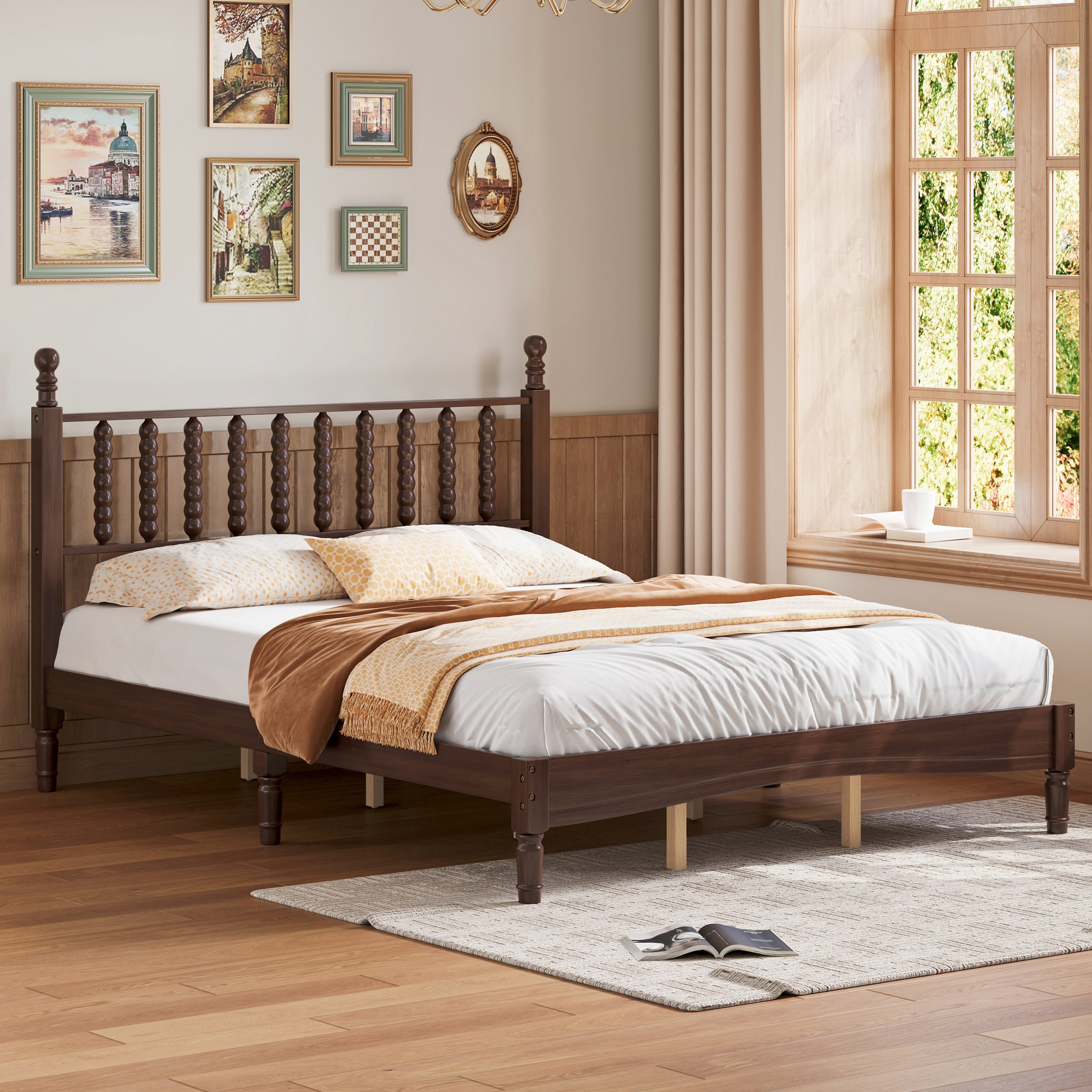 Noble House Queen Gourd Headboard Platform Bed,Wood Slat Support Retro Style Platform Bed,Walnut