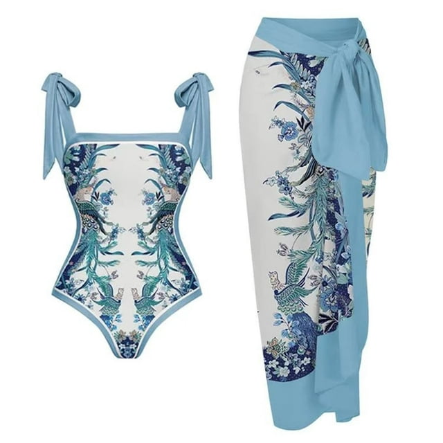 Maillot de Bain une Pièce pour Femmes avec Jupe de Plage Paréo Imprimé Floral Rétro Ensemble Bikini Deux Pièces