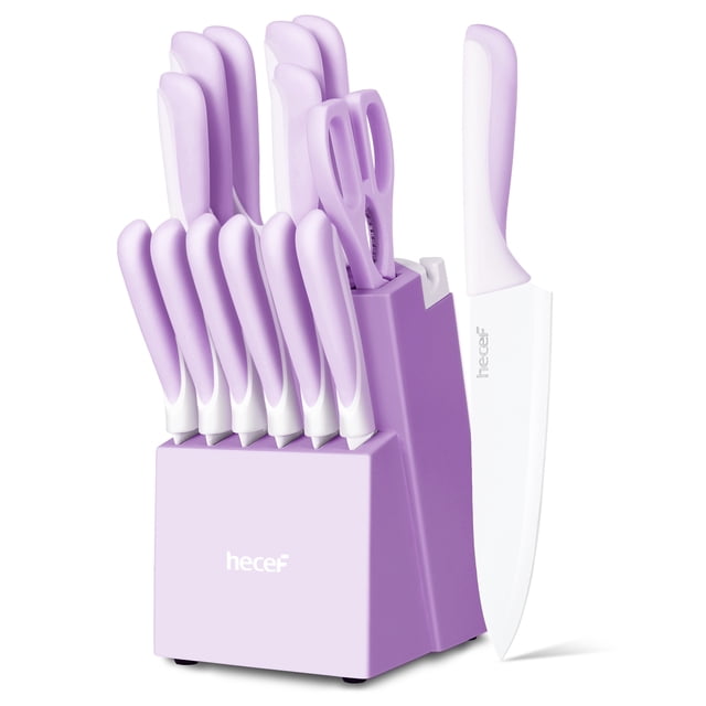 Hecef 15-Piece Stainless Steel Kitchen Knife Set with sharp high-carbon stainless steel blades, white non-stick coating, ergonomic handles, and a ventilated pine wood block in a vibrant purple finish. Dishwasher safe and ideal for everyday cooking, this kitchen essential includes chef knife, bread knife, santoku knife, slicing knife, utility knife, paring knife, steak knives, scissors, and sharpening stick.
