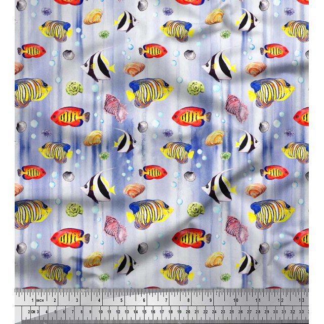 Soimoi Cotton Cambric Fabric Fish & Shells Ocean Printed Fabric 1 Yard 42 Inch Wide