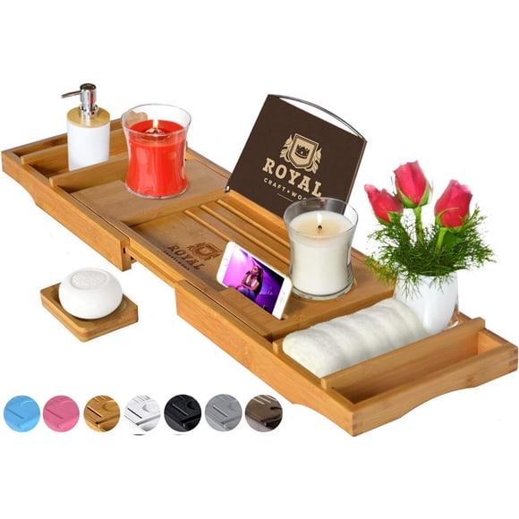 ROYAL CRAFT WOOD Luxury Bathtub Caddy Tray, One or Two Person Bath and Bed Tray, Bonus Free Soap Holder (Natural) Natural