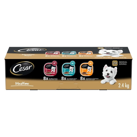 CESAR Nourriture Humide pour Chien Pâté Classique en Sauce Variété Repas, avec 8 Saveurs Filet Mignon, 8 Saveurs Filet de Porc & 8 Saveurs Bacon Fumé & Œuf, Lot de 24 Barquettes