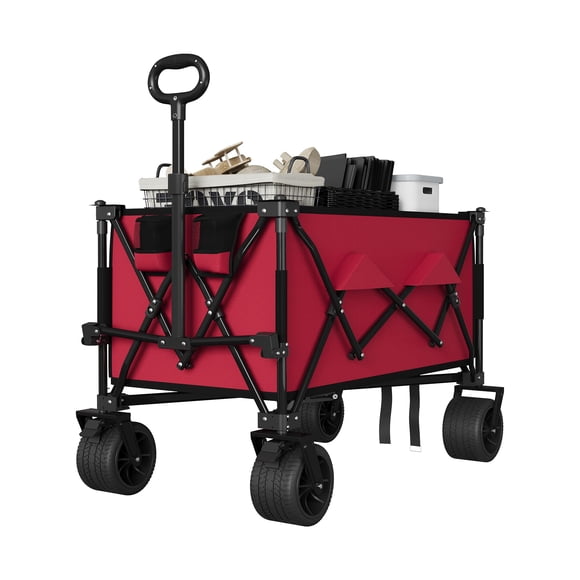 BeesClover 35" Foldable Wagon for Beach Garden, Heavy Duty 280L Extra Large Collapsible Foldable Wagon 350lbs for Camping, All Terrain Beach Wagons Extended with Cup Holders for Sand