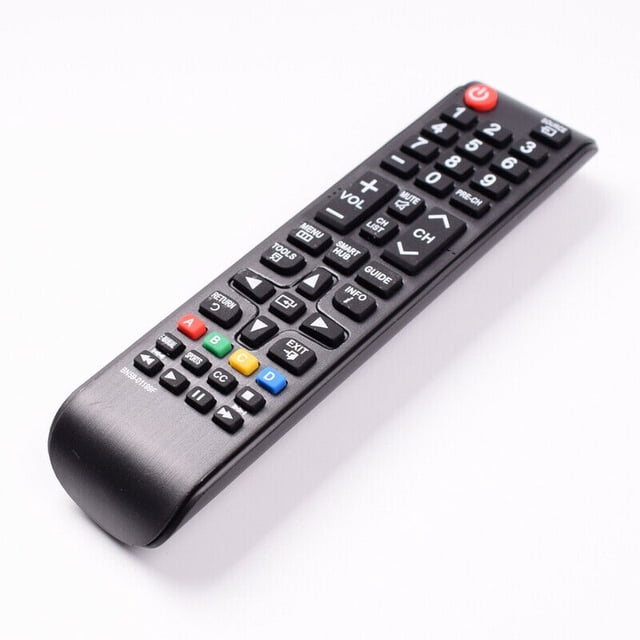 New Universal Remote for All Samsung TV Remote, Replacement Compatible for All Samsung Smart TV LED LCD HDTV QLED SUHD UHD 4K 3D TVs. The remote features a black body with a textured finish, a red power button, numeric keypad, volume and channel controls, and multi-coloured function buttons. Designed for Samsung TVs, including FXZA models, with an operable distance of over 8 metres and permanent memory that does not require resetting after battery replacement.