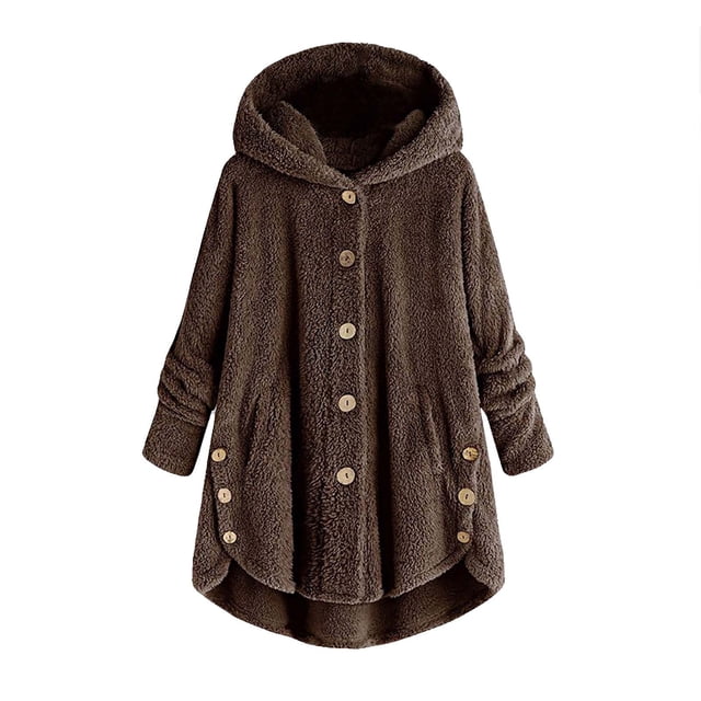 Qertyioot Women Plus Size Button Plush Tops Hooded Loose Cardigan Wool Coat Winter Jacket