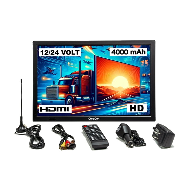 Portable TV DenyDan 16-Inch with Built-in Battery – Your Entertainment Hub for Car, RV, Truck & Kitchen, Full HD, HDMI/USB/AV, 12V/24V/110V Power Options