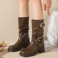 thumbnail image 2 of Mid Calf Combat Riding Boots for Women Slouchy Leather Buckle Square Toe Chunky Heel Winter Fall Tall Boots, 2 of 7