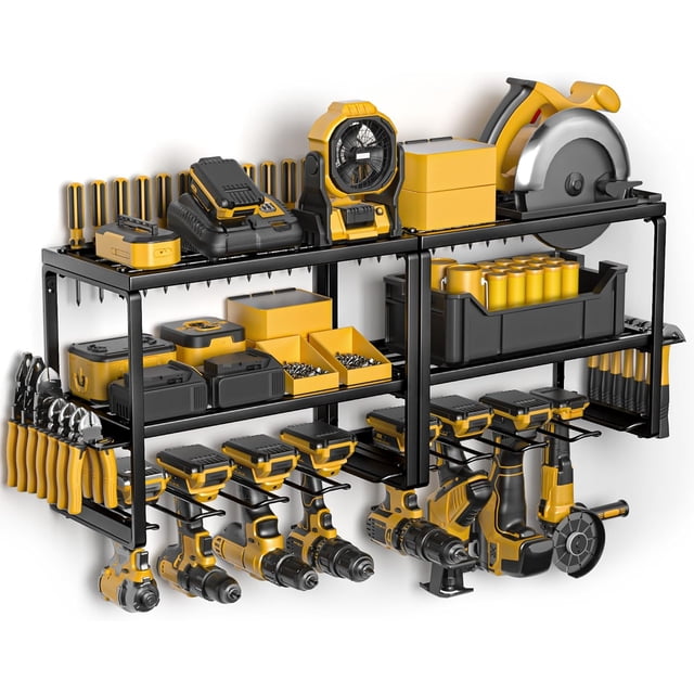 Power Tool Organizer for Tool Storage Drill Holder Wall Mount with Charging Station Tool Holder and Storage Rack for Garage Organization Heavy Duty Metal Tool Shelf with Battery Holder