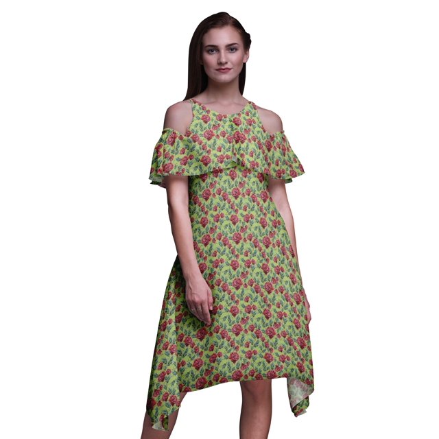 Bimba Robe Midi à Manches Flottantes Épaules Dénudées Imprimé Floral Vert pour Femmes - TTG
