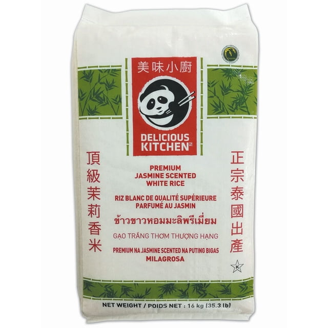 Delicious Kitchen Premium Jasmine Scented White Rice 16 kg bag with white packaging featuring green bamboo designs and a red panda logo holding chopsticks. The bag includes multilingual labeling and is suitable for pantry food and fragrant white rice cooking.