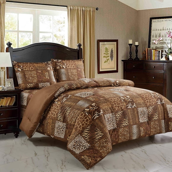 WPM WORLD PRODUCTS MART Ensemble de 3 Pcs Couette à Imprimé Animal avec Taie d'Oreiller, Brun Chocolat Léopard Zèbre Girafe Thème Jungle Forêt Design Literie Format Grand - Safari (Brun, Grand)