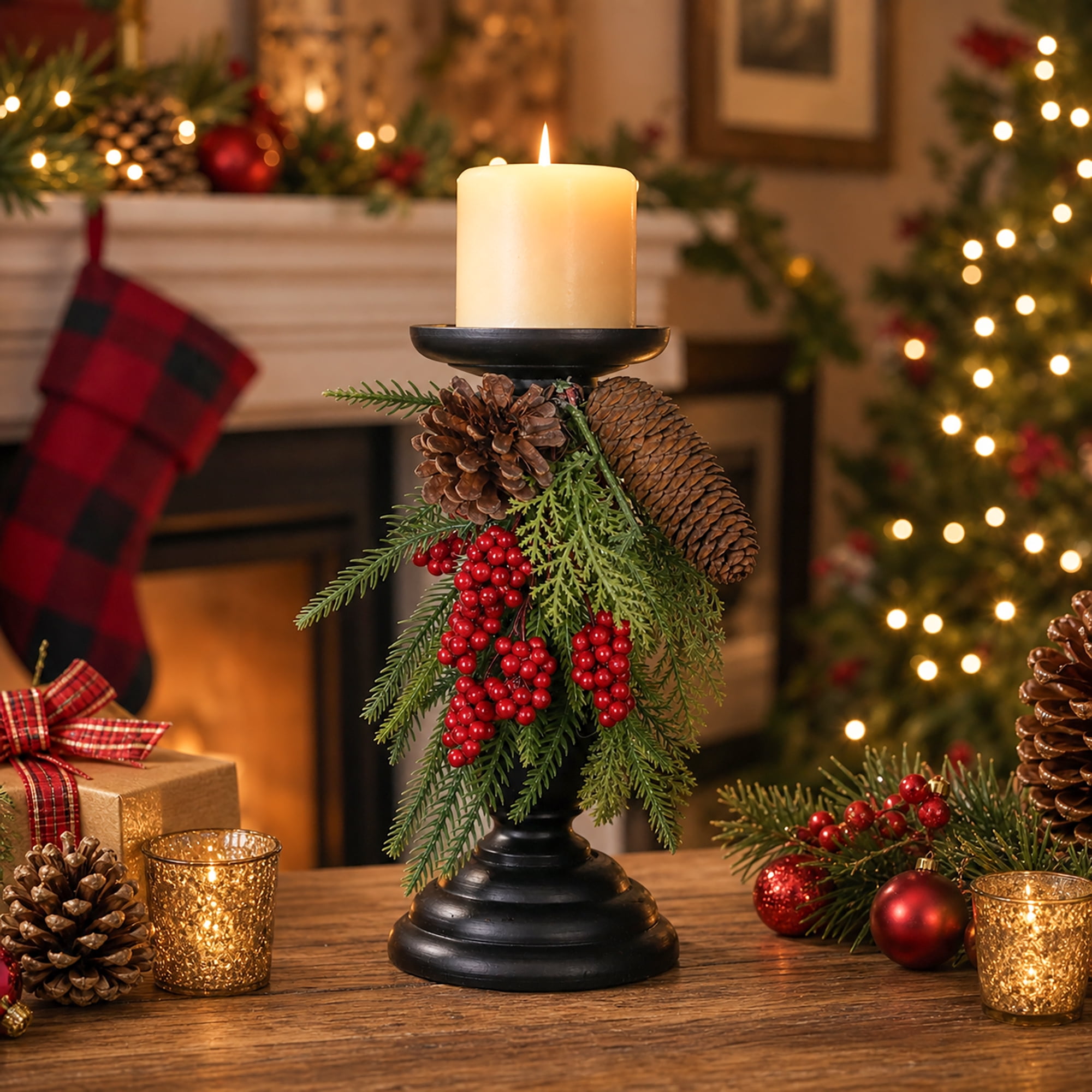 HOLIDAY TIME 10 IN Wooden Christmas Candle Holder with Pinecone and Red Berry Foliage