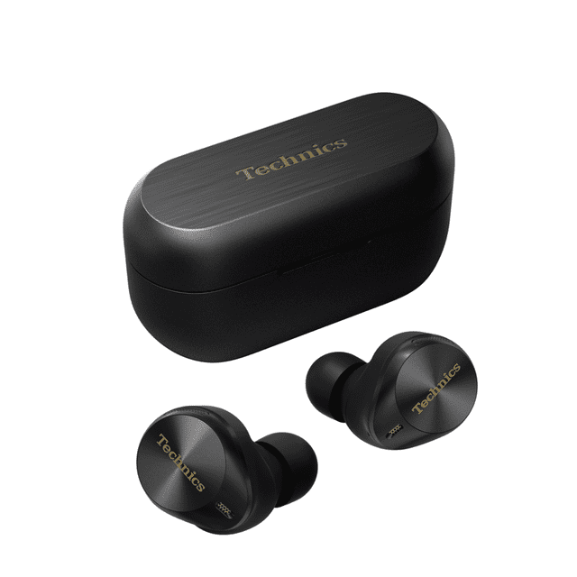 Technics EAH-AZ80 Écouteurs Véritablement Sans Fil à Réduction de Bruit en Noir, Présentant un design Haut de Gamme avec accents Dorés sur les Écouteurs et Étui de Chargement. Ces Écouteurs Offrent de Grands Haut-Parleurs de 10 mm pour un Son Haute Résolution, Double Hybride à Réduction de Bruit et Connectivité Bluetooth Multipoint pour une Commutation Fluide entre Appareils. la Conception Ergonomique Concha Fit Assure un Confort Toute la Journée, avec Sept Tailles d'Embouts en silicone Inclus. les Écouteurs Sont Résistants à l'Eau IPX4, Convenant aux Entraînements Ou à la Légère Pluie