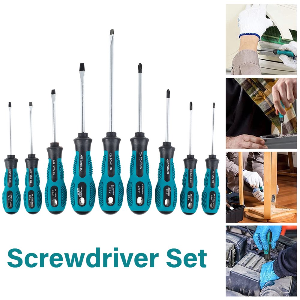 9Pcs Screwdriver Set Magnetic Tip Screwdriver Hand Tool Professional Cross and Flat Screwdriver with Cushion Grip Portable Screw Driver Kit 5 Sizes for DIY Engineering