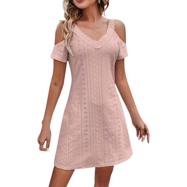2025 Robe Femme Couleur Unie V Décontractée Beige Col Ajouré Épaules Dénudées Col en V Robe Femme Manches Courtes