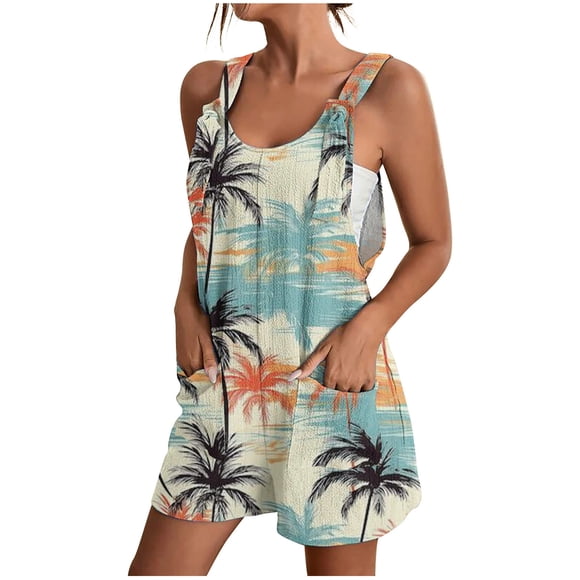 Women's Sleeveless Jumpsuit Shorts, Casual Printed Romper with Back Straps, Lightweight Summer Playsuit