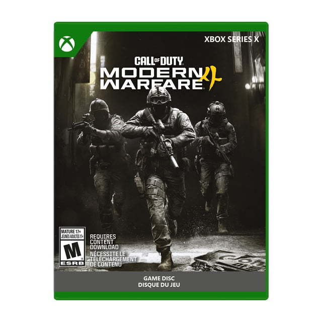 Call of Duty®: Modern Warfare® 4 – XBOX Series X physical game case front showing the title and Xbox Series X banner, pre-order voucher included for Hunter Killer Operator Skin and Gilded Pearl Camo Pack (2 weapon camos), notes Campaign, Multiplayer and DMZ modes; suitable for livestreamed walkthroughs.