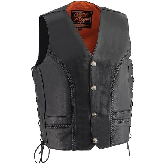 Milwaukee Leather ML1359 Men's Black Naked Leather Side Lace Motorcycle Rider Vest w/Buffalo Nickel Snaps Closure - 46