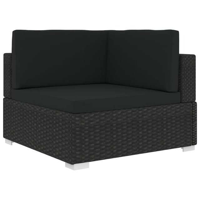 vidaXL Fauteuil d'Angle Sectionnel avec Coussins en Rotin poly Noir, Conçu pour l'Extérieur comme Mobilier de patio. Présente une Conception Modulaire avec un Cadre en Acier Enduit de Poudre, des Matériaux Résistants aux Intempéries et des Coussins en polyester Épais pour le Confort. Idéal pour Créer des configurations Sectionnelles Extérieures Personnalisées.