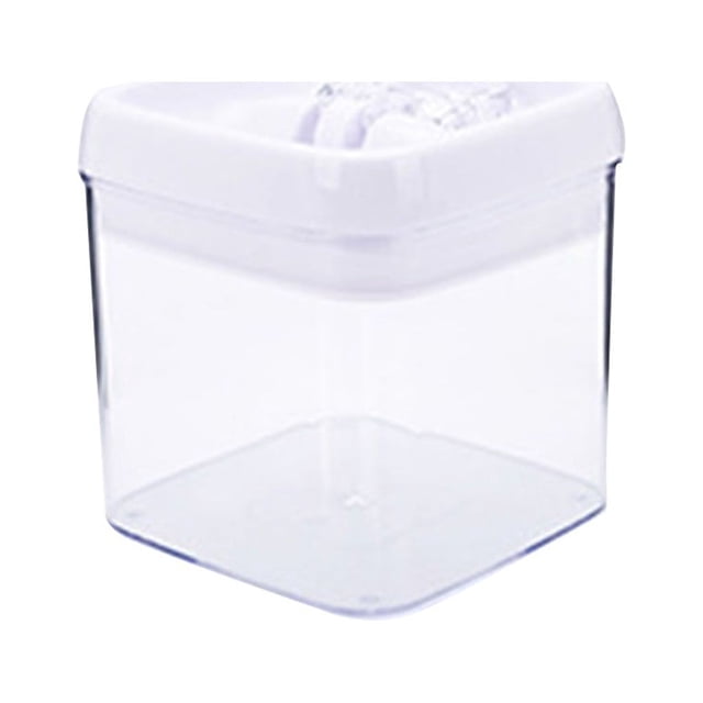 TIMIFIS Food Storage Containers Kitchen Organization Airtight Food Storage Cereal Plastic Kitchen Pantry Storage Container. A clear plastic container with a white airtight lid, ideal for storing dry foods such as cereal, flour, or snacks. Compact, stackable design for efficient kitchen pantry organization and food freshness.